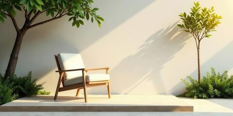 Serene Patio Setting Wooden Chair, Lush Greenery, and Gentle Sunlight on a Calm Day