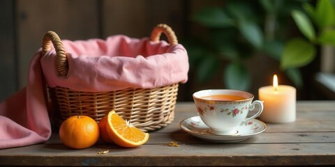 Aromatic Tea Time Wicker Basket, Citrus Fruits, and a Lit Candle Create a Serene and Relaxing Atmosphere