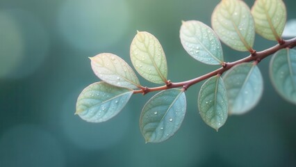 Serene branch with dew-kissed leaves, softly illuminated by morning light, exhibiting delicate textures and vibrant hues.