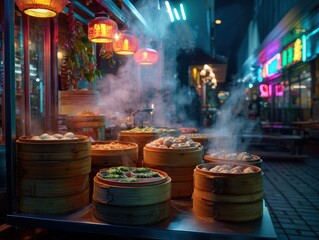 Cozy night market stall with steaming dumplings and warm lanterns.