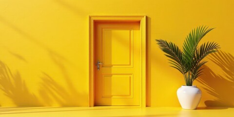 A Vibrant Yellow Doorway Scene with a Lush Tropical Plant in a White Pot, Bathed in Sunlight Casting Shadows on the Wall