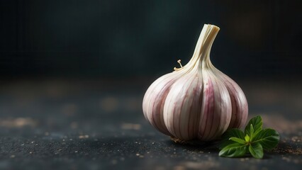 A Single Bulb of Garlic with Delicate Herb Sprig on Dark Surface
