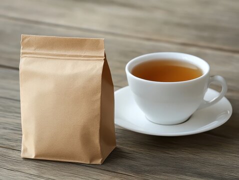 Rustic tea package with warm cup and wooden table.