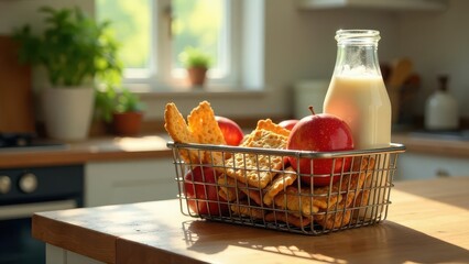 Sunlit Kitchen Countertop Still Life Featuring Crackers, Apples, and a Bottle of Milk