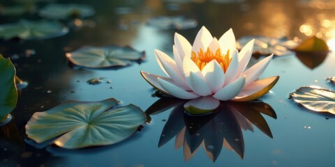 Serene Water Lily Blossom Reflecting in Calm Water at Sunset