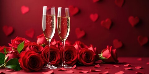 Romantic Celebration with Sparkling Wine and a Bouquet of Deep Red Roses