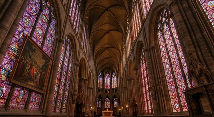 Grand Cathedral Interior with Stained Glass