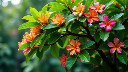 Vibrant blossoms of orange and pink flowers adorned with lush green foliage, creating a picturesque natural scene