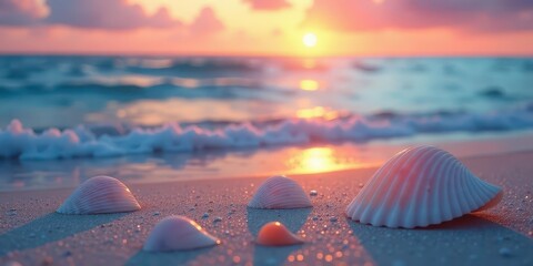 Seashells on Sandy Shore at Sunset, Glowing with Warm Light and Gentle Waves