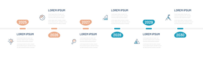 A timeline with dates to reflect the process of reaching the time. Infographics for a presentation, website, or booklet. Modern chart with 6 dates or steps