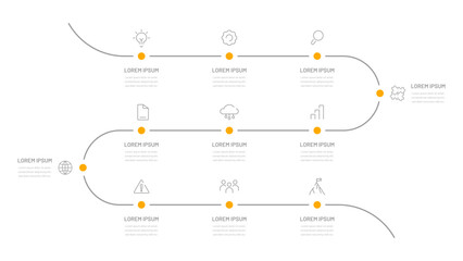 An eleven-step schedule for evaluating the implementation of a project or business plan. Infographics for the presentation, a report in the form of a sequential route. Modern timeline	