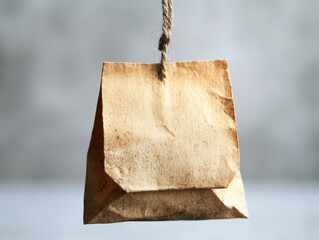 Rustic hanging tea bag with textured paper and simple rope.