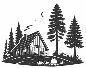 Vector silhouette of a cozy cabin in the wilderness surrounded by pine trees