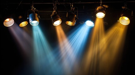 Classic stage lighting rig suspended above with focused spotlights directed downward