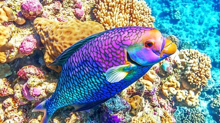 Vivid underwater world featuring a multicolored parrotfish swimming near coral reef