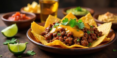 A savory plate of nachos featuring seasoned ground meat, melted cheese, and fresh cilantro, accompanied by bowls of salsa, guacamole, and tortilla chips, all garnished with lime wedges.