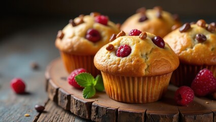 Delicious golden-brown muffins adorned with fresh raspberries and crunchy nuts, artfully arranged on a rustic wooden board