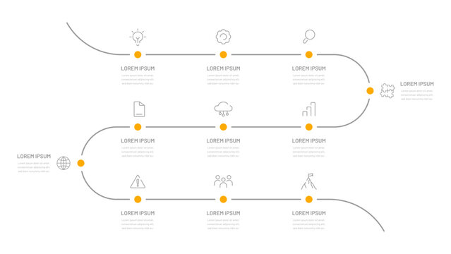An eleven-step schedule for evaluating the implementation of a project or business plan. Infographics for the presentation, a report in the form of a sequential route. Modern timeline	