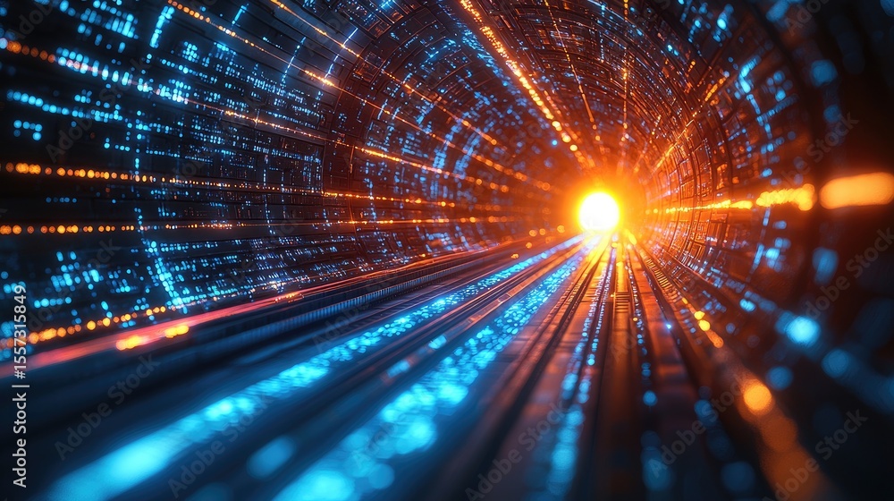 Poster futuristic tunnel illuminated with vibrant digital code.