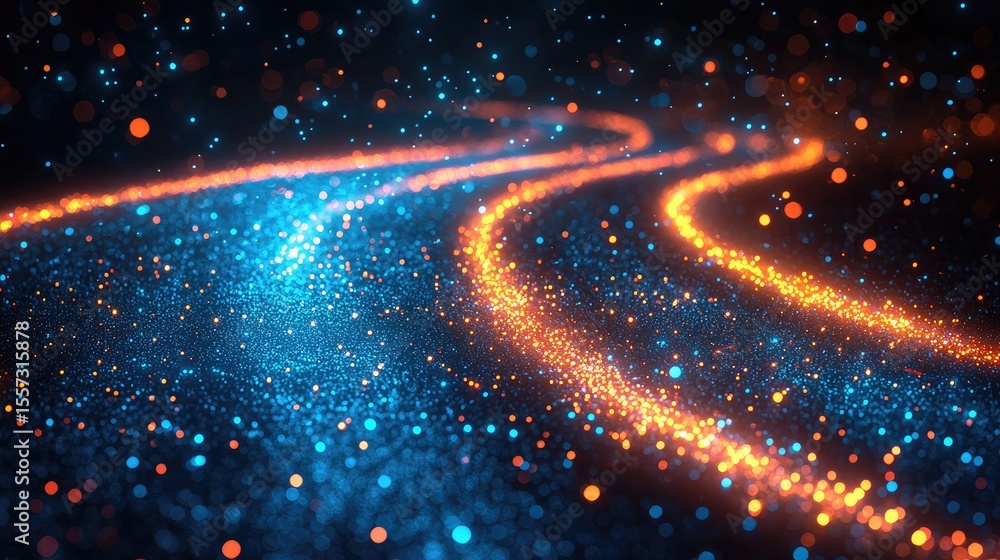 Poster abstract design with swirling lines of glowing particles.