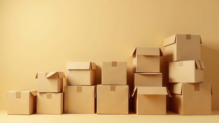 A collection of neatly stacked cardboard boxes against a muted yellow backdrop, ready for shipping and delivery