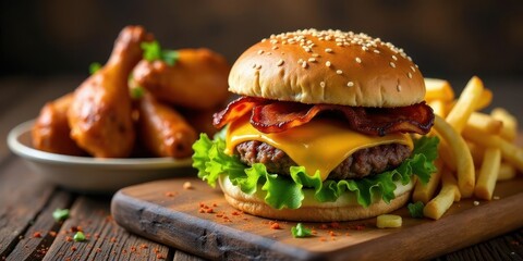 Juicy Bacon Cheeseburger with Crispy Fried Chicken and French Fries on Rustic Wooden Board