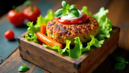 A delectable grilled patty nestled in a wooden box, adorned with fresh lettuce, vibrant carrots, and a creamy topping, complemented by ripe tomatoes and basil leaves