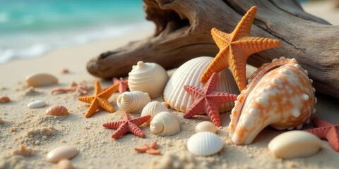 Seashells and starfish scattered on a sandy beach near driftwood, bathed in sunlight