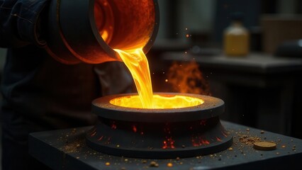 Molten metal being poured into a crucible, a fiery spectacle of industrial craftsmanship and expertise