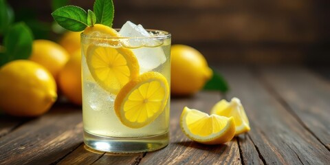 Refreshing Homemade Citrus Beverage with Ice Cubes and Mint Garnish on Rustic Wooden Surface