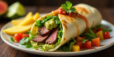 Delicious Grilled Steak Wrap with Avocado, Mango Salsa, and Fresh Herbs on a Plate