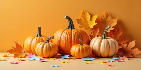Autumnal Still Life Featuring Pumpkins and Colorful Autumn Leaves on a Warm Background