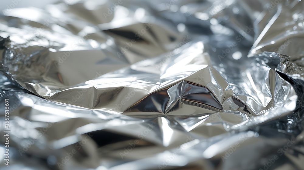 Poster Crumpled silver foil texture with soft diffused light abstract background