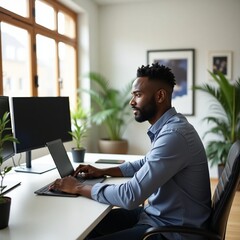 A Black male entrepreneur in his 30s sitting at a modern minimalist desk in a bright home office, working on a laptop with multiple monitors. The room has large windows letting in natural light, potte