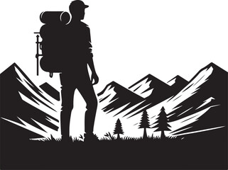  A detailed black and white silhouette of a hiker with a backpack amidst mountain scenery, emphasizing adventure, nature, and outdoor activities
