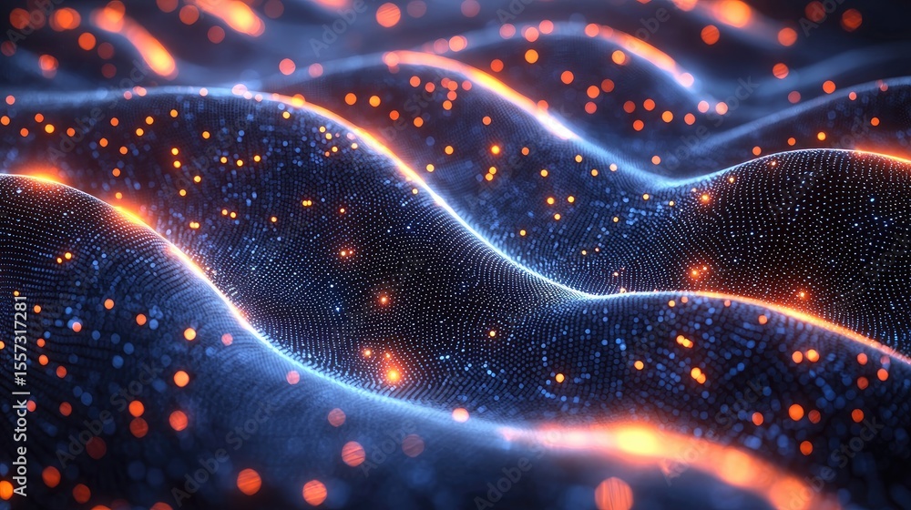 Poster abstract digital wave pattern with glowing particles.