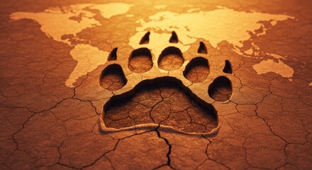 Tiger footprints on cracked ground with a blurry world map in the background
