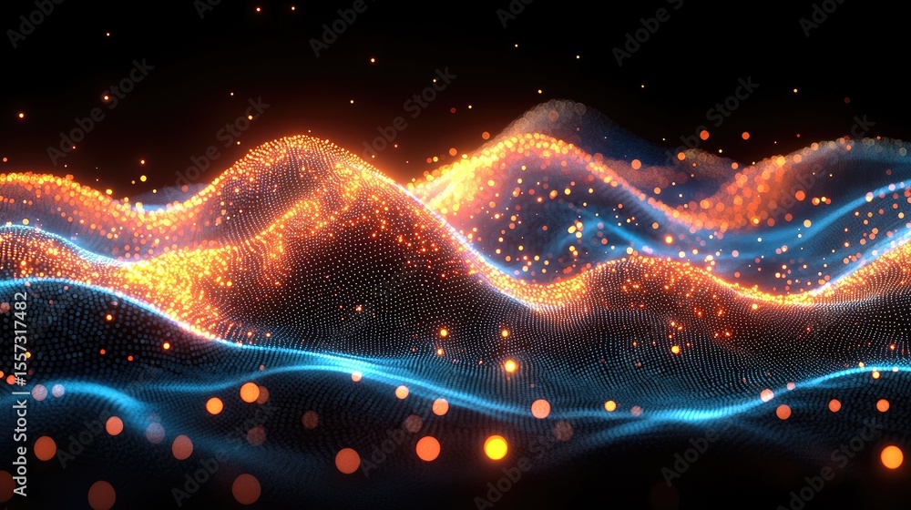 Poster abstract design of undulating glowing particles.