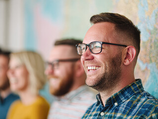 A group of smiling professionals in casual attire, with a focus on a man wearing glasses and a checkered shirt, standing against a colorful blurred background.