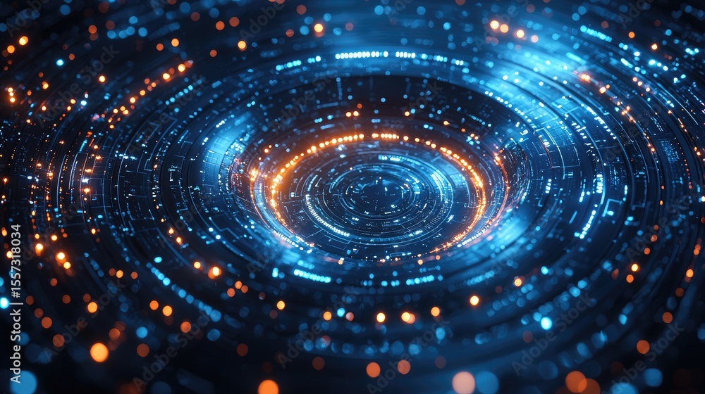 Poster abstract glowing circular design with concentric patterns.