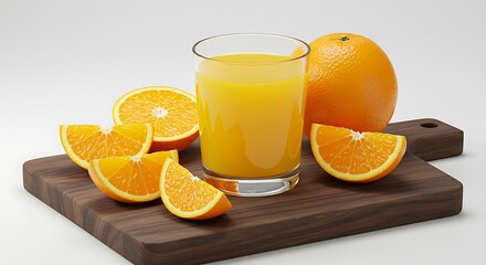 A glass with orange juice and several oranges cut around it on a wooden board and a sold bottom