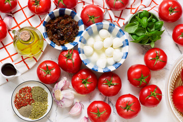 Roasted Tomato Soup with Mozzarella and Basil Caprese Style.selective focus