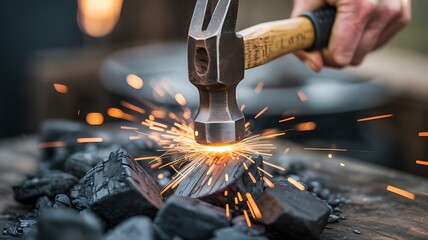 Hammer striking coal creating bright orange sparks impact