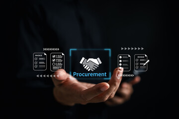 Procurement process management in a digital system. Handshake icon successful business agreement,...