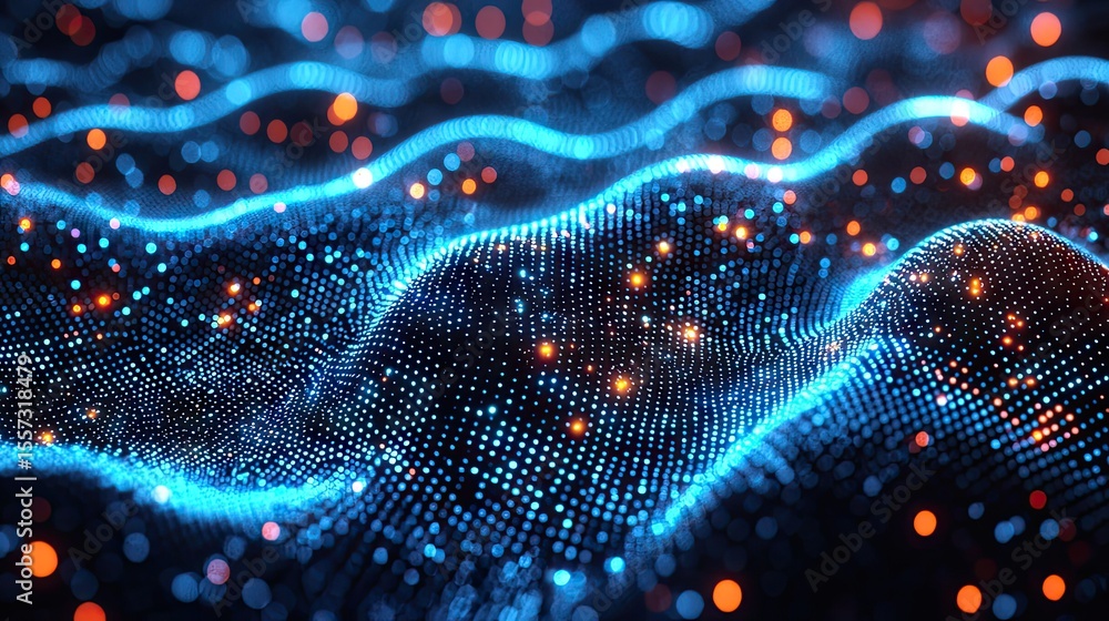 Poster abstract digital design with glowing particles.