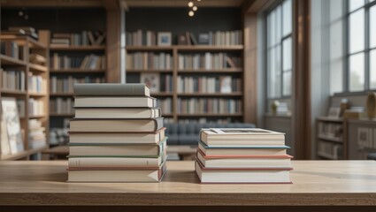 Stacks of Different Books on a Wooden Table in a Modern Library with Shelving Background