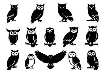 Silhouette Various Styles Owl Standing and Flying Bird Collection