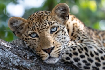 Fototapeta premium Leopard rests on tree branch under sunlight in lush green environment