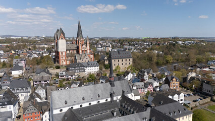 9 april 2025, Limburg an der Lahn, Germany. Aerial, drone view on the old city and view on the...