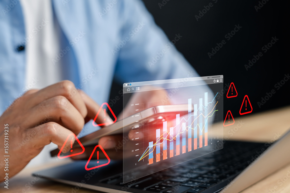 Poster high risk trading alert with data chart analysis. warning signs